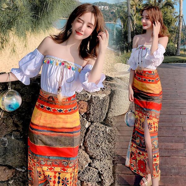 

make new ethnic wind a word shoulder garment bohemia resort skirts two-piece outfit in the summer1, Gray
