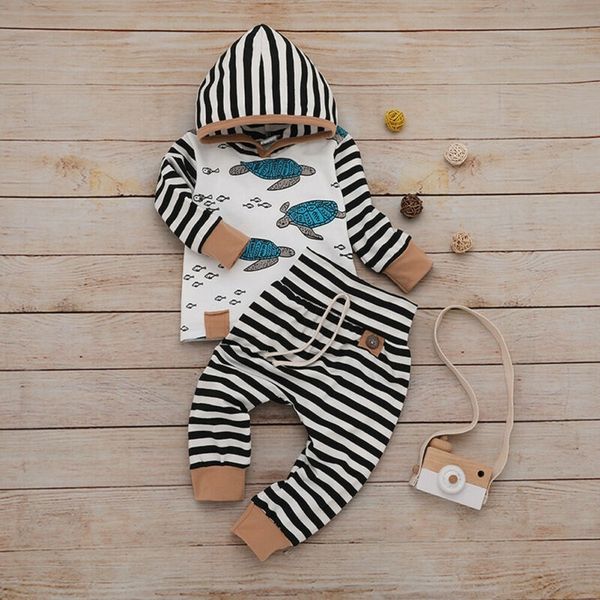 

0-24m baby boys clothes set turtle print long sleeve hooded sweater boys set tortoise hoodies outfit striped long pants kids set y200323, White