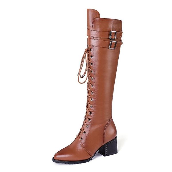 

boots women knee high natural genuine leather shoes winter warm thick heel zipper fur size 34-42, Black