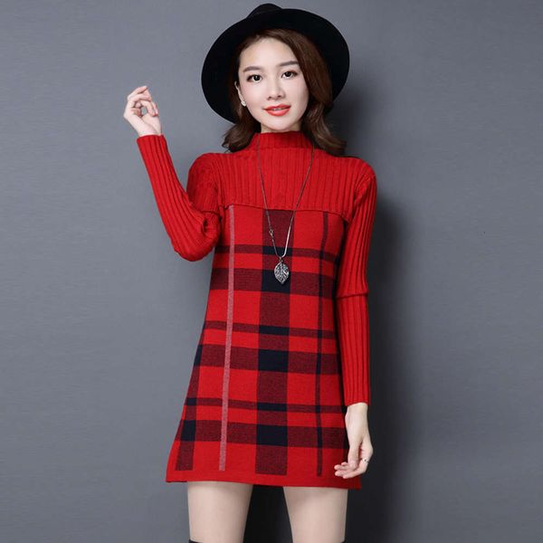 

women's plaid half high collar t-shirt dress mid length and slim pullover, Black;gray