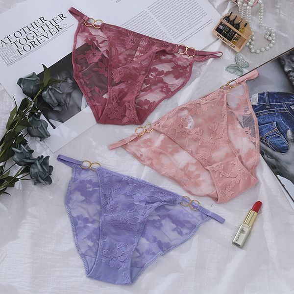

lace underwear women's ribbon transparent alluring mesh beautiful jacquard low waist new women's briefs, Black;pink