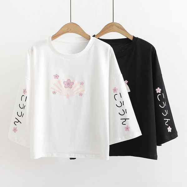 

2020 лета шеи новой сладкий футболка t-shirtfloral цветок вентилятор печати кисточка свободного экипажа середины рукав футболка для женщин r, White