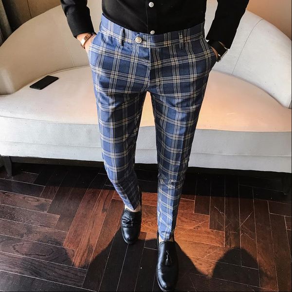 

men dress pant plaid business casual slim fit pantalon a carreau homme classic vintage check suit trousers wedding pants, Black