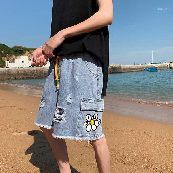 

jeans cargo shorts pantaloni uomo summer pants for men jeans 2020 mens ripped men printed streetwear with pockets1, Blue