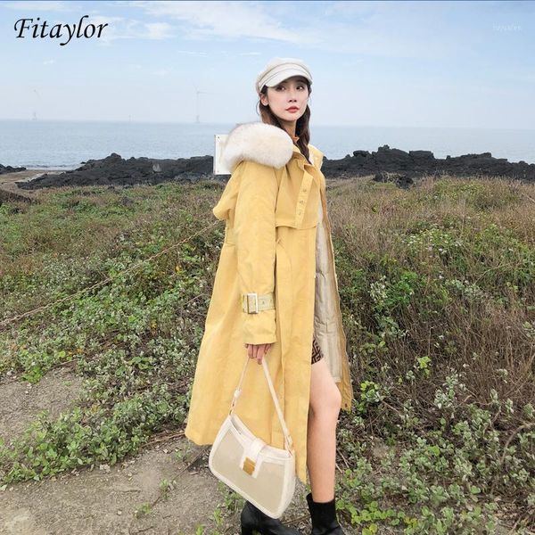 

fitaylor large natural fur thick winter women white duck down long parkas detachable lining hooded coat warm snow outwear1, Black