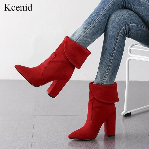 

kcenid 2020 new black flock ankle boots for women pointed toe slip on high heels women winter shoes 2020 ladies shoes plus size1