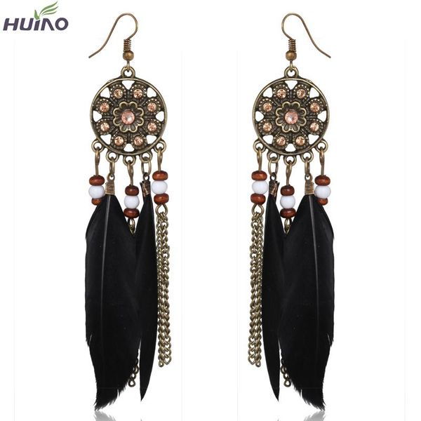 

new fashion long chain feather earrings for women bohimian beaded alloy dangle earring accessories, Silver