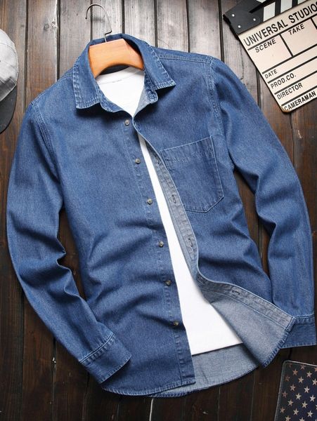 

men patched pocket denim shirt without tee 15yx#, Blue