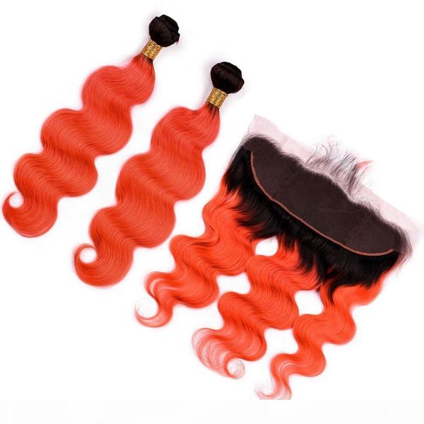 

peruvian ombre orange human hair wefts with frontal 2bundles #1b orange ombre body wave human hair weaves with 13x4 lace frontal closure, Black;brown