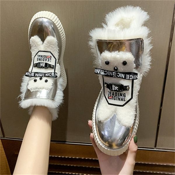 

fashions 2021 new of winter leather chunky women's thick soles into flats warm snow boots woman silver cotton shoes cwww, Black
