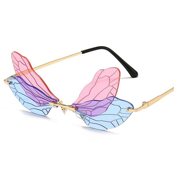 

2021 fashion rimless dragonfly wing sunglasses women vintage clear ocean lens eyewear men pink yellow sun glasses shades uv400, White;black