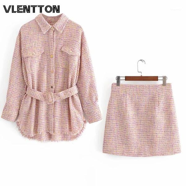 

2020 spring autumn women vintage plaid tweed 2 piece sets with sashes loose jackets coat+mini skirts suits female outfits1, Gray