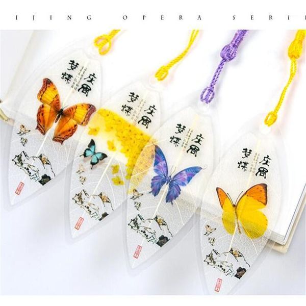 Bookmark borboleta folha veia lindas colecionáveis ​​folhas para livro clipe professor tassel chinês nó fita artesanato presente
