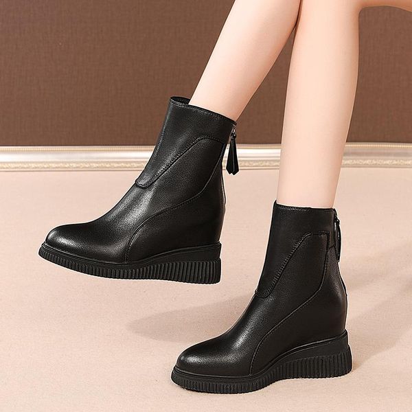 

classic design women winter boots zipper genuine leather platform thick heels pumps party working shoes woman, Black