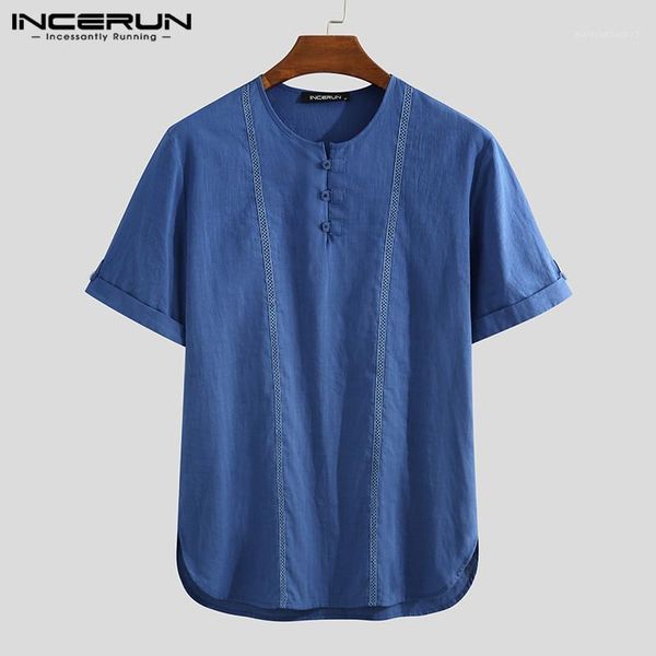 

men's casual shirts incerun man vintage patchwork shirt men fashion cotton short sleeve round neck blouse summer breathable camisa 5xl1, White;black