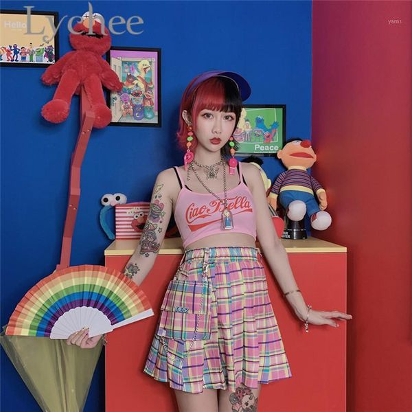 

lychee preppy style rainbow plaid pleated female skirt high waist mini skirt above knee summer ruffles a-line women1, Black