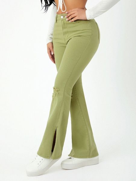 

petite split hem flared leg ripped jeans b1kk#, Blue