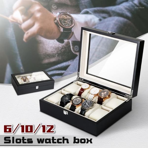 

matte black wooden watch box organizer holder for automatic mechanical watches with glass on 6/10/12 slots grids d401, Black;blue