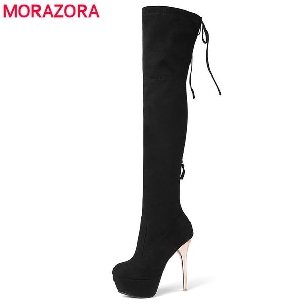 

morazora 2020 new fashion women boots flock leather platform over the knee boots zip autumn winter high heels thigh high boots t200425, Black