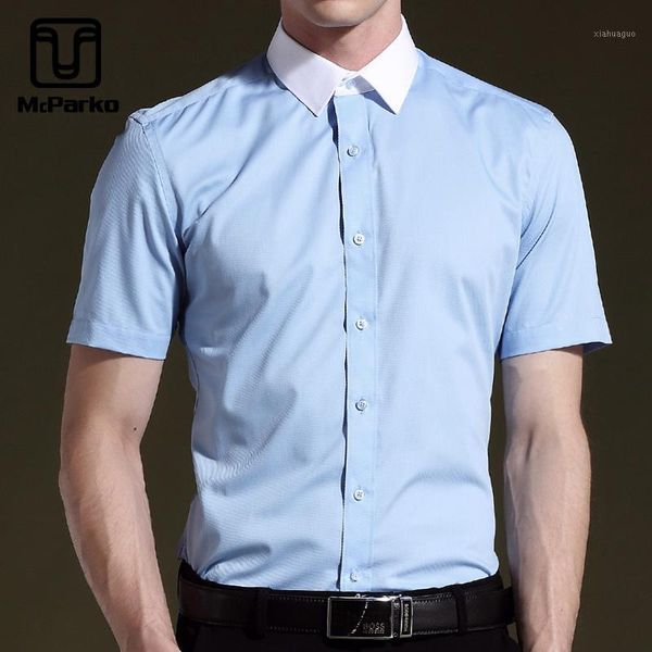 

mcparko short sleeve shirt men summer formal dress shirts for men business mens shirts blue twill fabric elegant white collar1, White;black