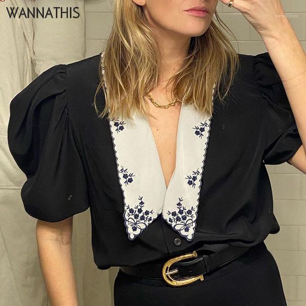 

wannathis v-neck half sleeve blouse short sleeve black embroidery collar crop front button fashion summer elegant women, White