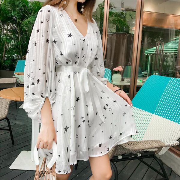

casual dresses chiffon autumn star-pattern vertical loose dress with lantern sleeve v-collar a-shaped printing 105h7, Black;gray