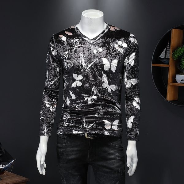 

2020 real t-shirt men's fall from men long sleeves with cleavage on tshirt v vintage shirt butterfly fitness tj27, White;black