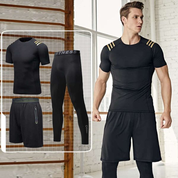 

dry men's short sleeve tight quick morning running football basketball training suit sports fitness three piece set, Gray