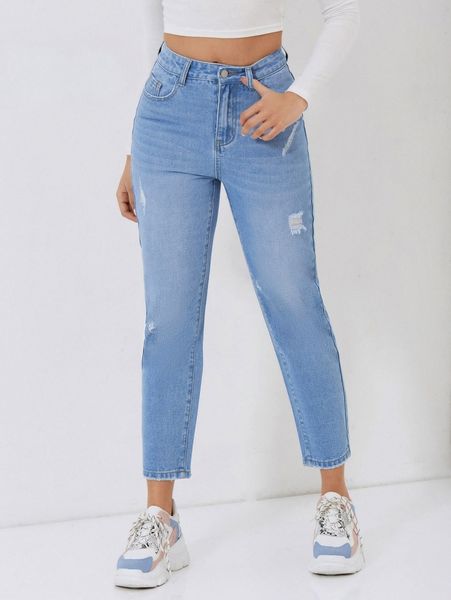 

petite zipper fly ripped jeans t49q#, Blue