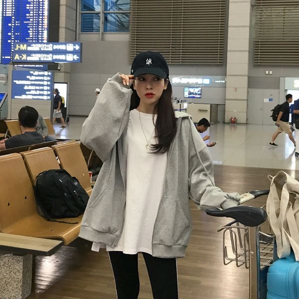 

2021 new female casual solid zipper hoodies sweatshirt streetwear vintage plus size outwear jacket with hoodie 37n6, Black