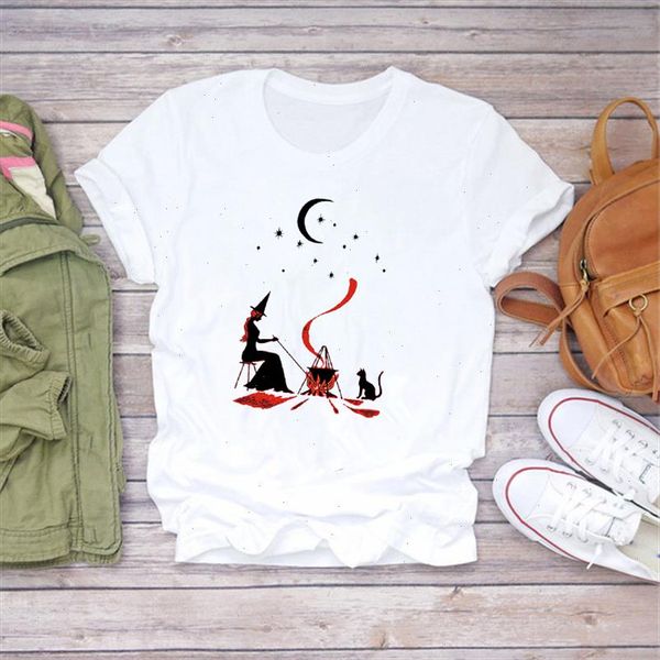 

women witch cat moon print hallween t shirts womens t shirt shirt female graphic tee tees harajuku, White