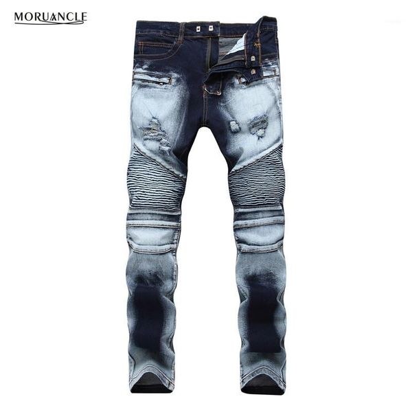 

new men's ripped biker jeans pants with holes washed distressed motorcycle denim trousers for male plus size 28-421, Blue