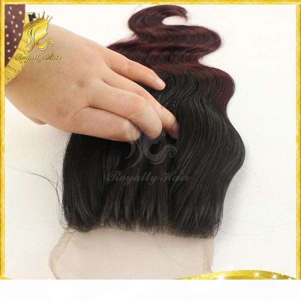 

7atwo tone body wave lace closure human mongolian hair 1b 99j ombre closure 4x4 lace closure bleached knots 8-20inches, Black;brown