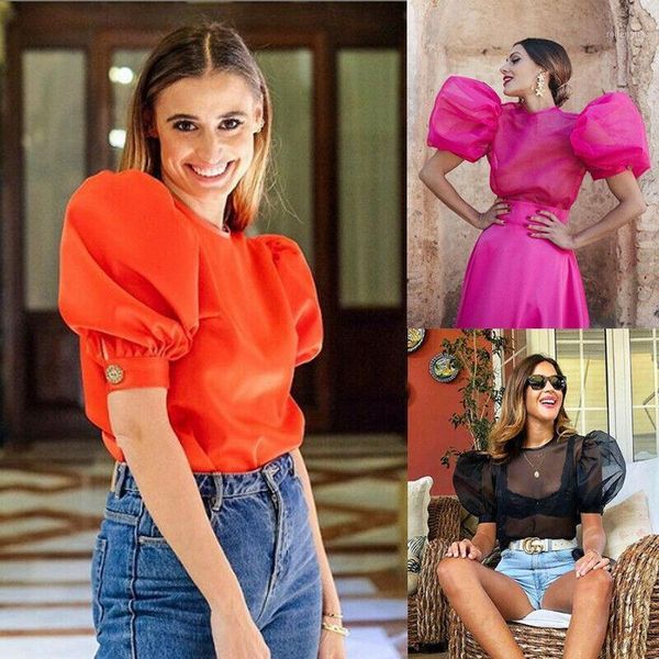 

women mesh puff short sheer sleeve pullover blouse shirts casual party club ladies slim fit shirt blouse shirt1, White