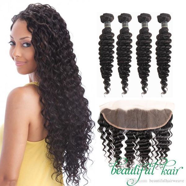

brazilian virgin human hair bundles kinky curly deep wave 13x4 lace frontal with bundles 9a unprocessed human hair bundles with frontal, Black
