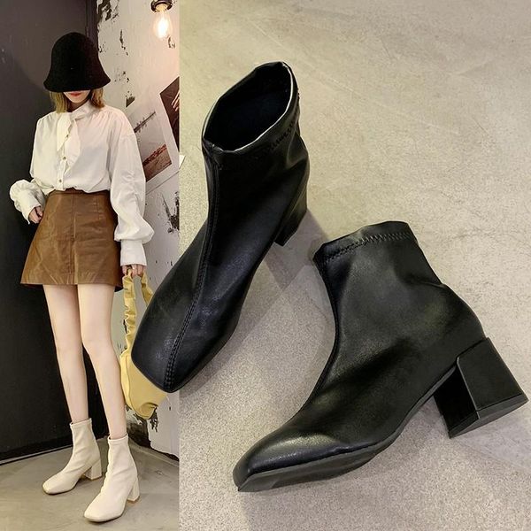 

чистый красный короткие сапоги женского 2020autumn и зимний стиль newsquaretoebritish белых толстые каблука плюс бархат коротких трубки март, Black