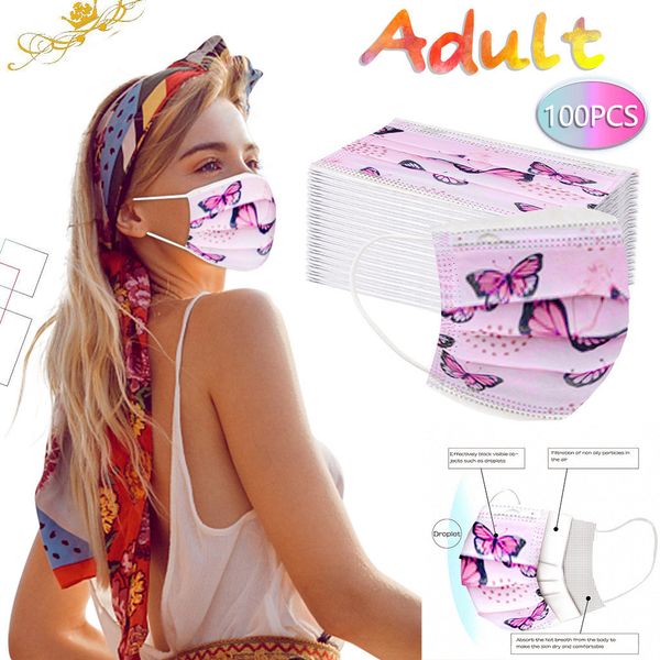 

zface 3ply 10/20 / 50 / 100шт маска для взрослых уха одноразовая петля mascarillas дышащий и пылезащитный earmuffs бабочки печать masker