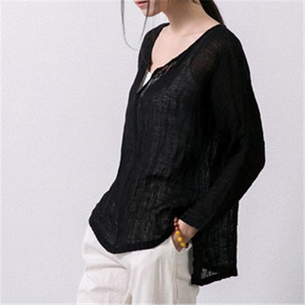 

2021 new autumn summer cotton v neck long sleeved shirt women asymmetric sweep vintage loose linen shirt, White