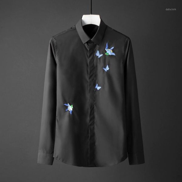 

2020 mens shirts luxury blue butterfly and bird embroidery long sleeve men shirts plus size 4xl solid color slim fit man shirt1, White;black