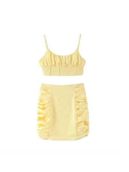 

2021 new style short yellow fashion spaghetti straps + hip wrapping mini skirt female suit two garments qabx, Black;gray
