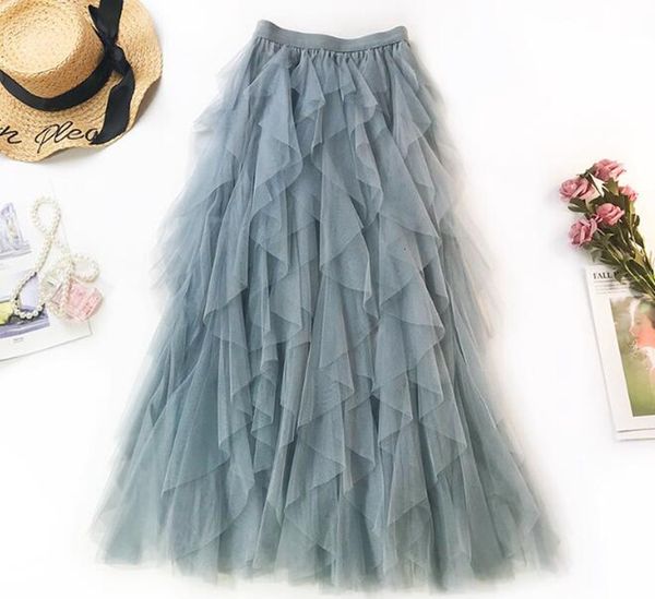 

2021 new high waist ruffled women midi skirts luxury lady cake mesh tulle elastic band leaves maxi holiday beach tutu skirt 0x4q, Black