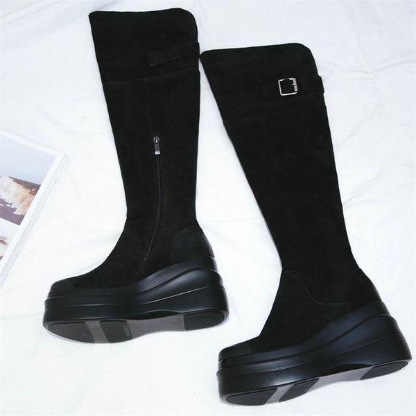 

boots winter thigh high pumps women genuine leather wedges heel over the knee female chunky platform oxfords shoes, Black