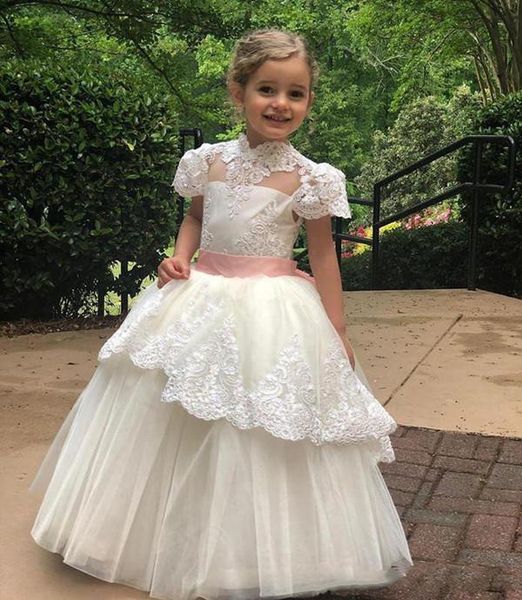 

high neck lace flower girl dresses a line tulle floor length girls pageant with overskirts for wedding party first communion dresses, White;blue