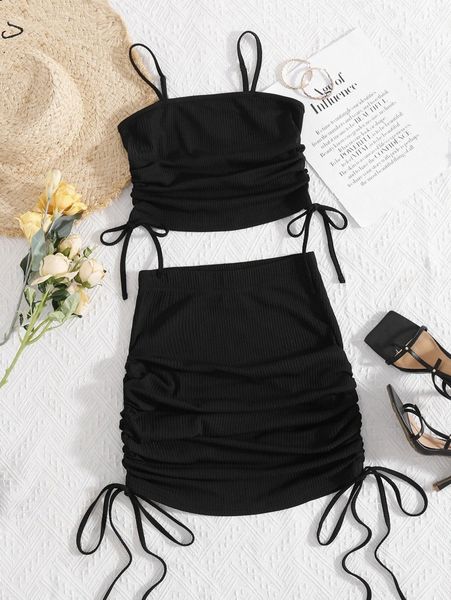 

drawstring side crop cami & ruched skirt 57af#, White