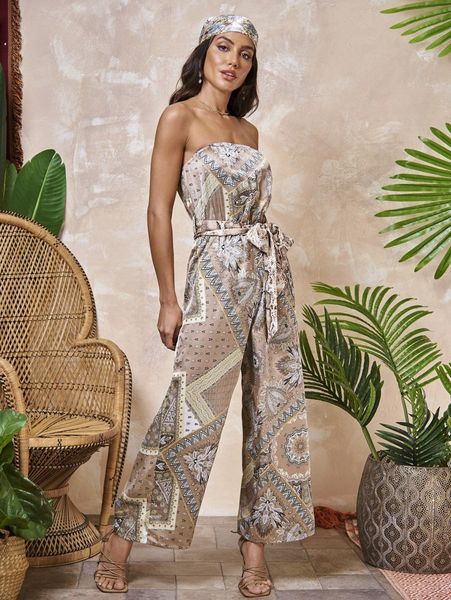 

scarf print self belted wide leg satin tube jumpsuit c67q#, White