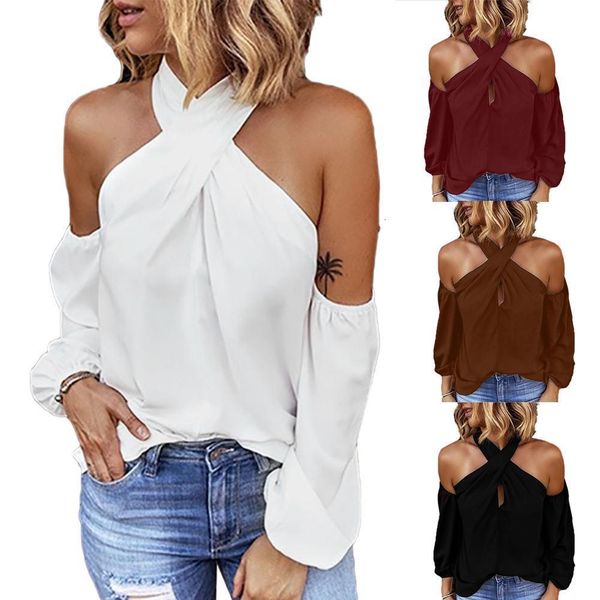

women solid color puff sleeve halter off shoulder back zipper blouse drop shipping good quality, White