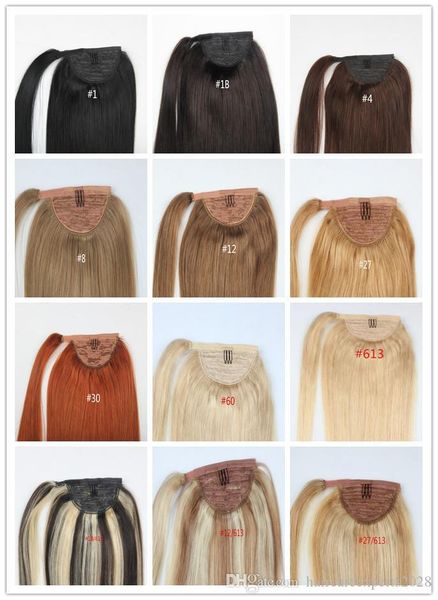 

real human hair ponytails blonde color # 613 120g ponytail wrap around clip in human hair pony tail extension peruvian straight hair, Black