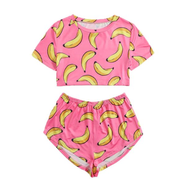 

women's comfortable short round neck short sleeve v-shaped banana print casual simple new pattern print home wear pajamas two-piece set, Black;red