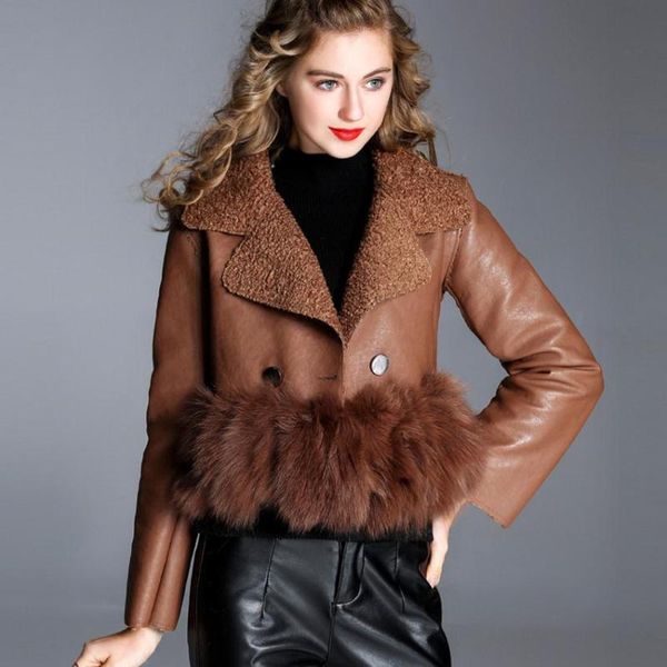 

2021 autumn and winter new small incense leather coat female fur stitching short coat slim was thin lamb cashmere jacket wj1841, Black;brown