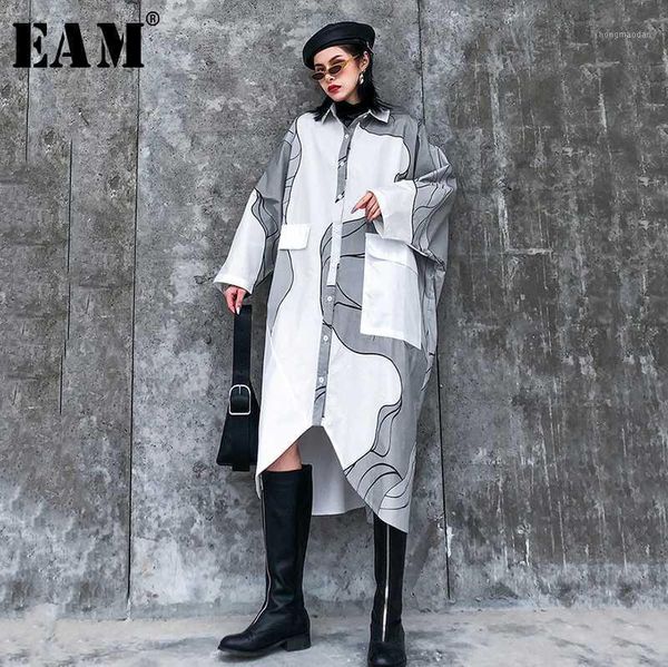 

eam] women white pattern printed big size shirt dress new lapel long sleeve loose fit fashion tide spring summer 2020 1u8001, Black;gray